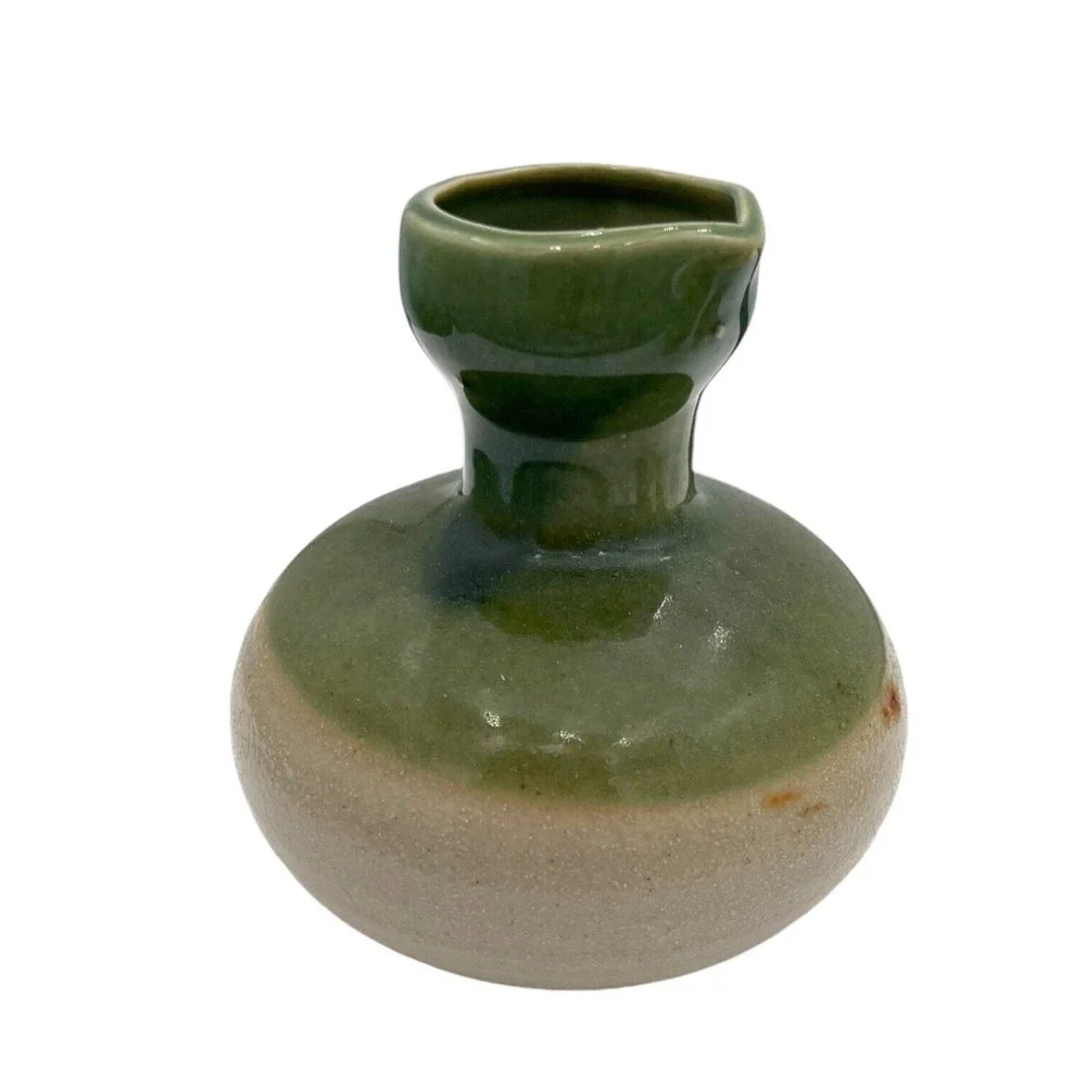Japanese Pottery Stoneware Sake Set Carafe Two Cups Earth Tone Sage Green Tan